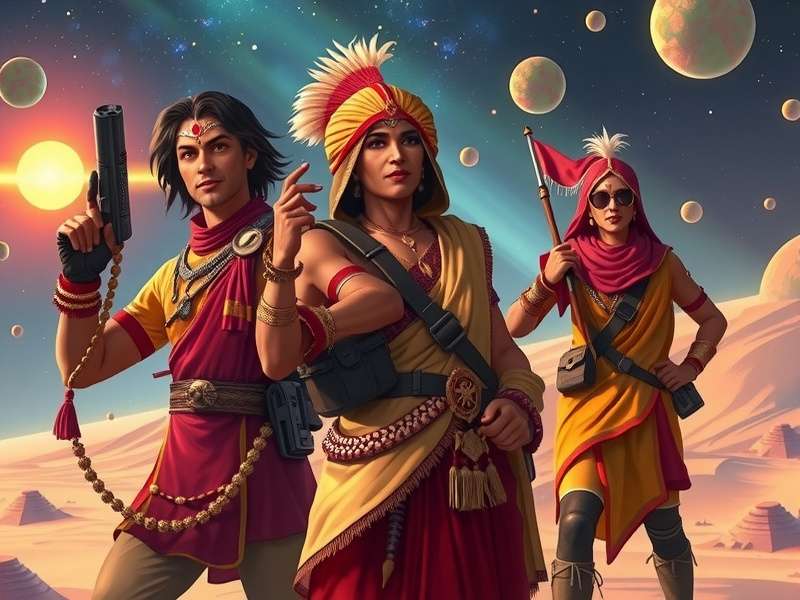 Galactic Saffron Odyssey game artwork showing space explorers in Indian attire